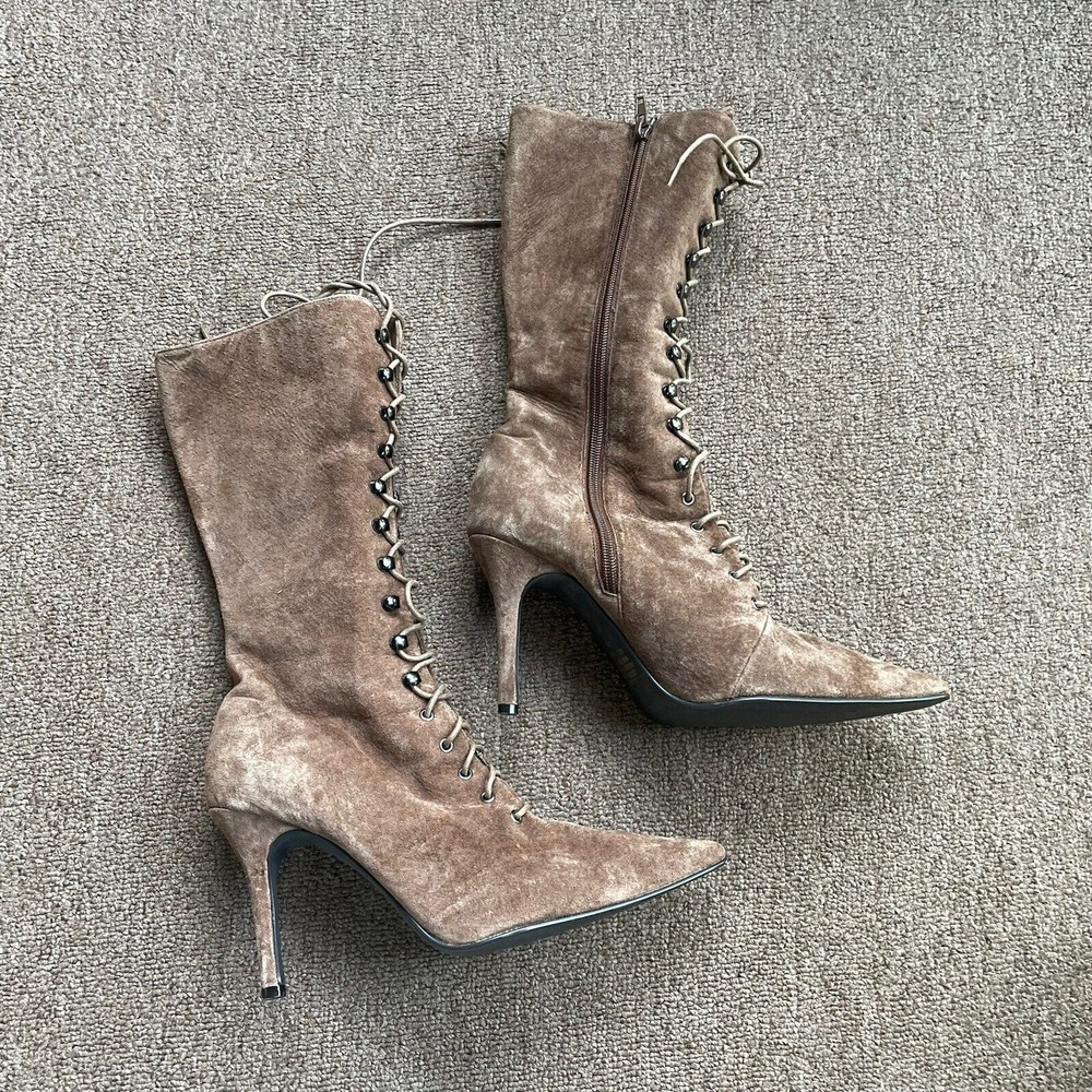 newport news stiletto mid calf boots brown suede victorian granny cottage  7.5
